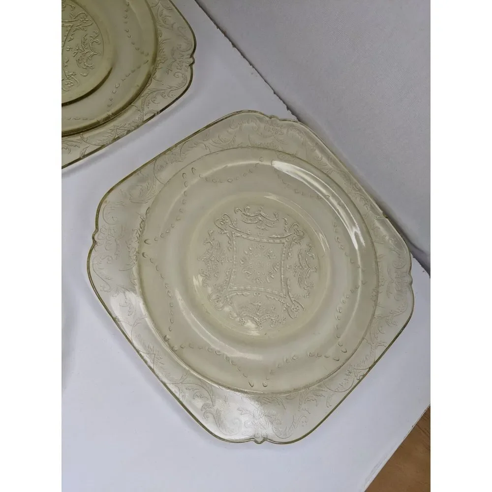 Set Of 3 Vintage Federal Glass Madrid Amber Square Plate‎ Yellow